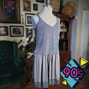 Alex Evenings Midi Dress Vintage 90s V Neck Tank Top Flowy Skirt Gray